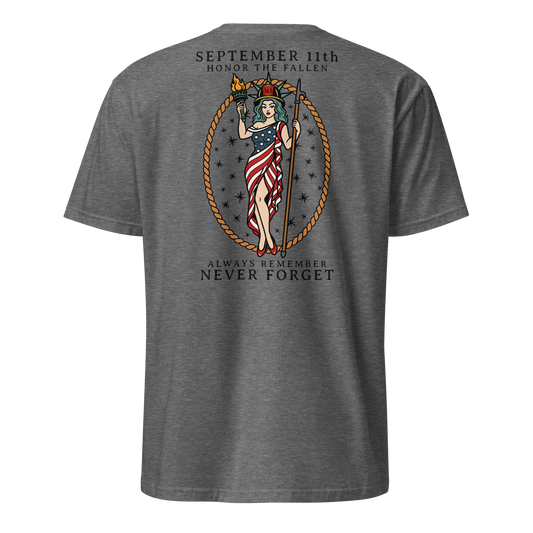 September 11th firefighter shirt featuring traditional tattoo artwork in graphite heather back