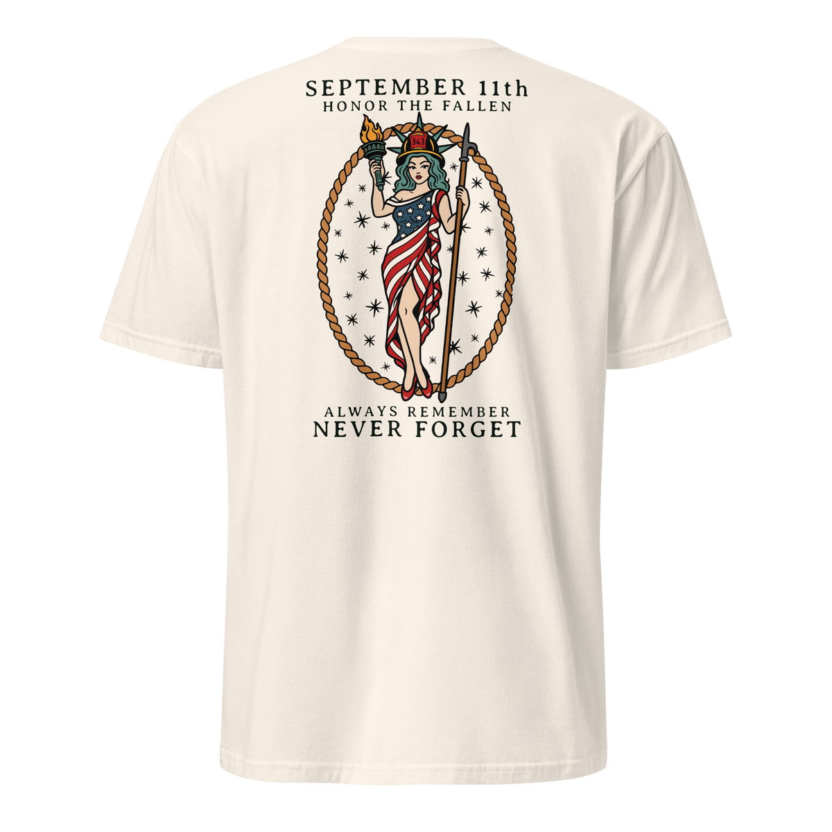 September 11th firefighter shirt featuring traditional tattoo artwork in natural back