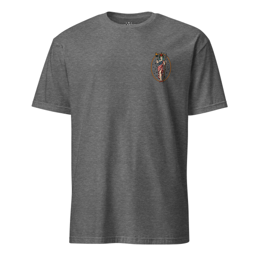 September 11th firefighter shirt featuring traditional tattoo artwork in graphite heather