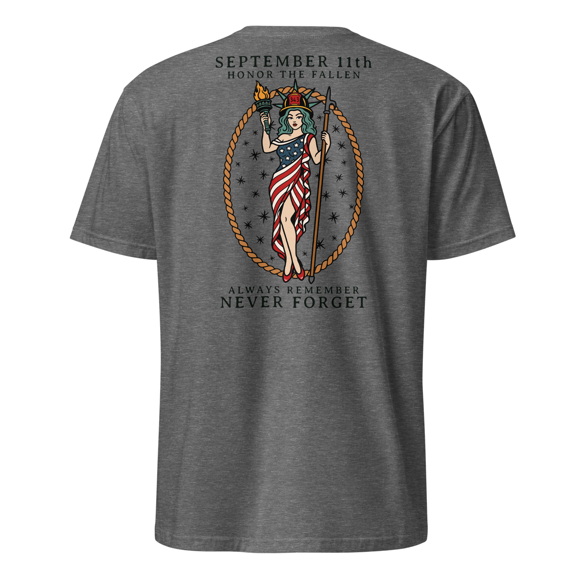 September 11th firefighter shirt featuring traditional tattoo artwork in graphite heather back
