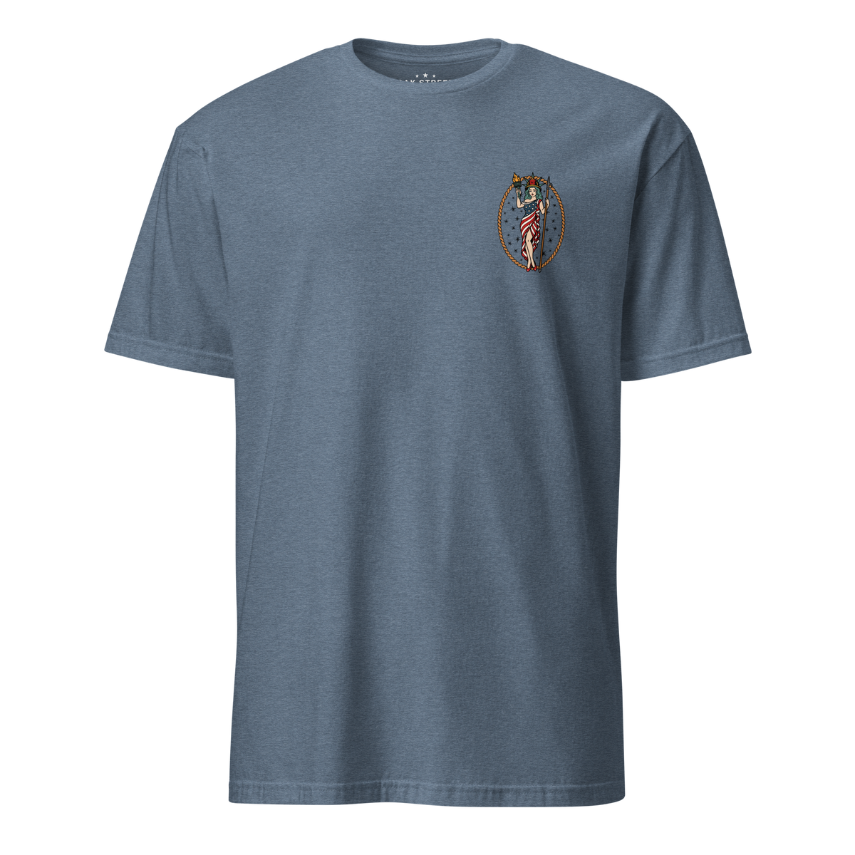 September 11th firefighter shirt featuring traditional tattoo artwork in heather indigo