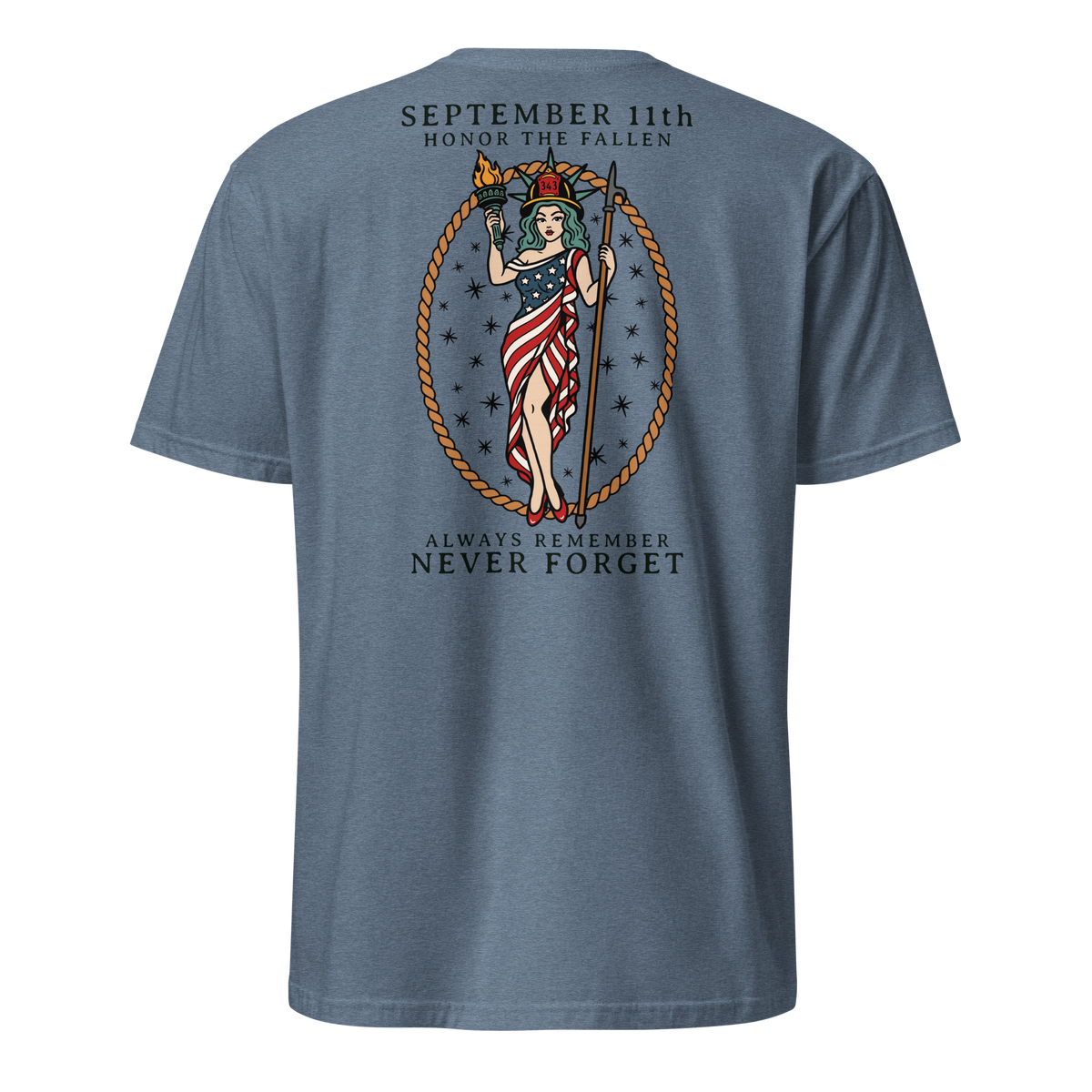 September 11th firefighter shirt featuring traditional tattoo artwork in heather indigo back