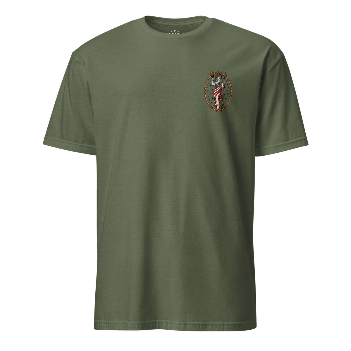 September 11th firefighter shirt featuring traditional tattoo artwork in military green