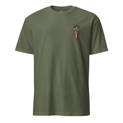 September 11th firefighter shirt featuring traditional tattoo artwork in military green