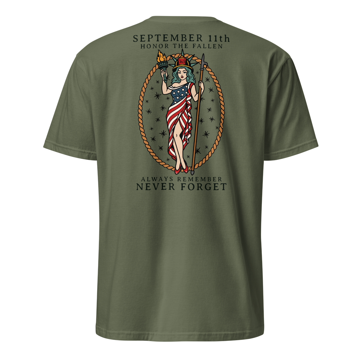 September 11th firefighter shirt featuring traditional tattoo artwork in military green back