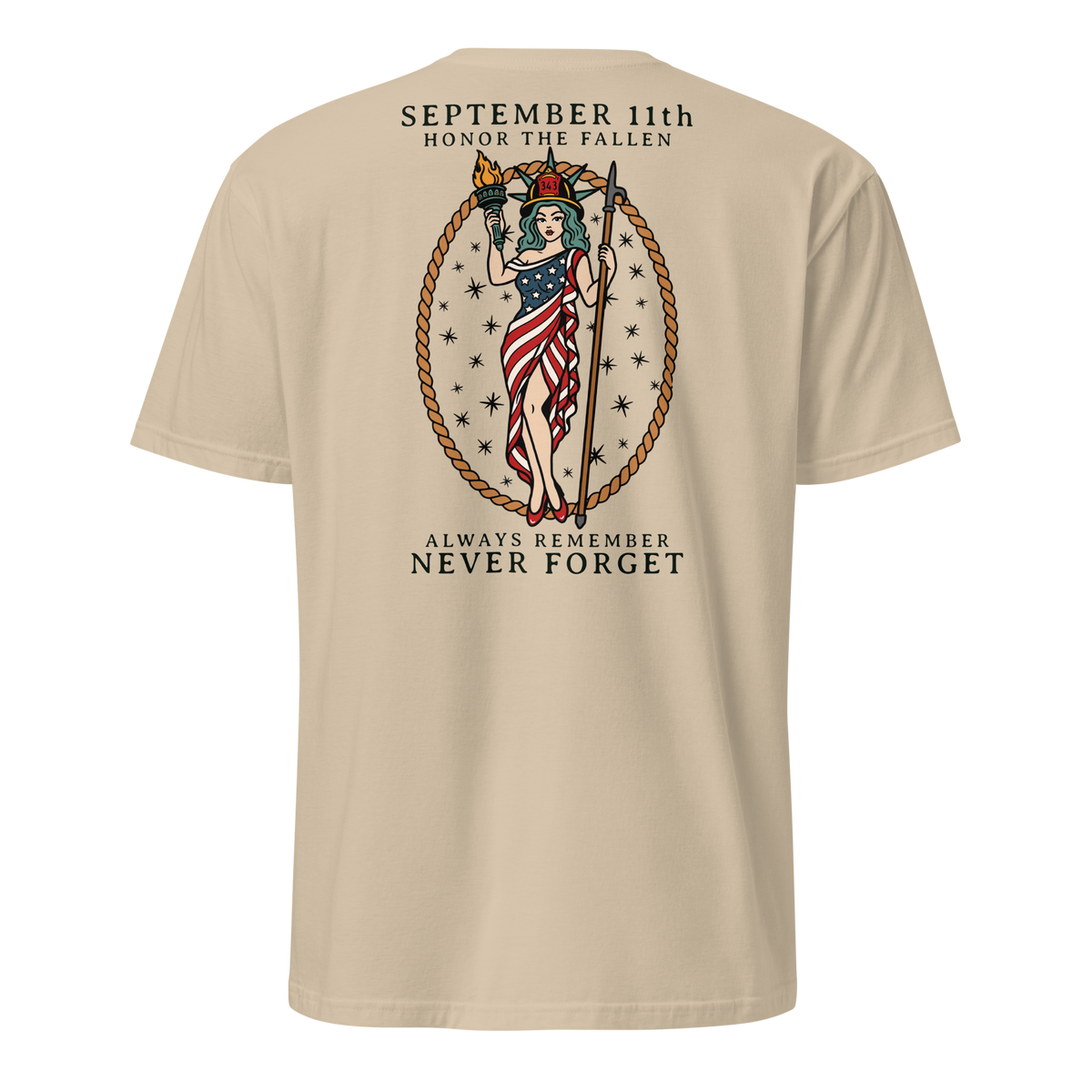 September 11th firefighter shirt featuring traditional tattoo artwork in sand back