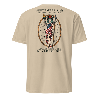 September 11th firefighter shirt featuring traditional tattoo artwork in sand back