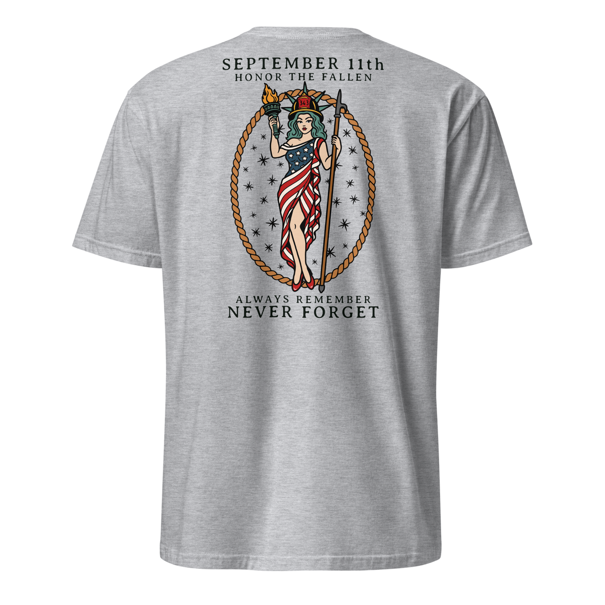 September 11th firefighter shirt featuring traditional tattoo artwork in sport grey back