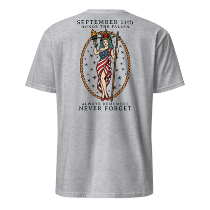 September 11th firefighter shirt featuring traditional tattoo artwork in sport grey back