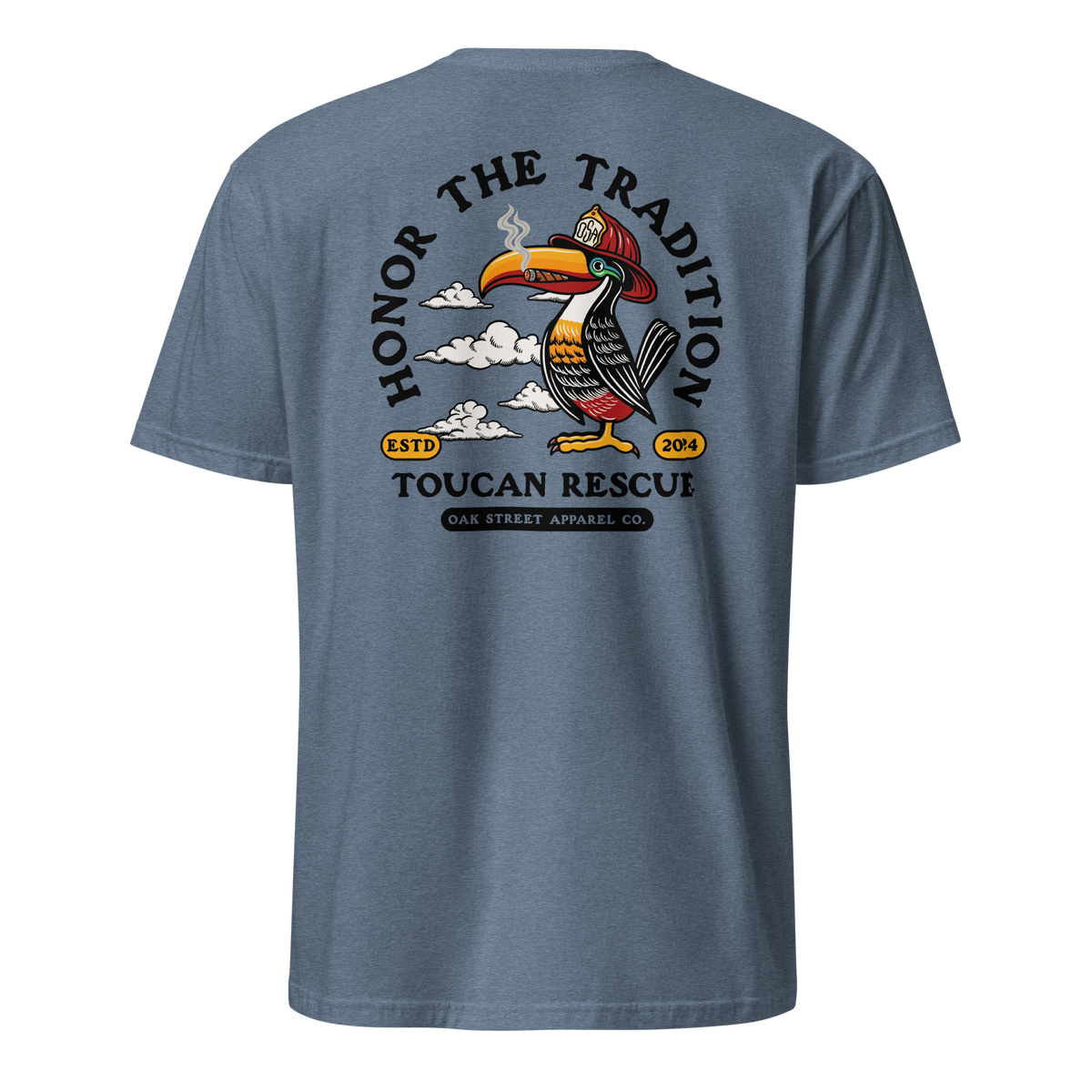 Toucan Rescue firefighter t-shirt featuring a toucan wearing a red fire helmet with Honor the Tradition artwork by Oak Street Apparel Co._heather indigo back