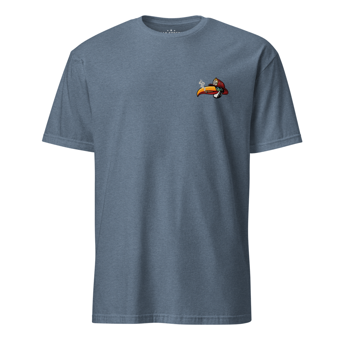 Toucan Rescue firefighter t-shirt featuring a toucan wearing a red fire helmet with Honor the Tradition artwork by Oak Street Apparel Co._heather indigo front
