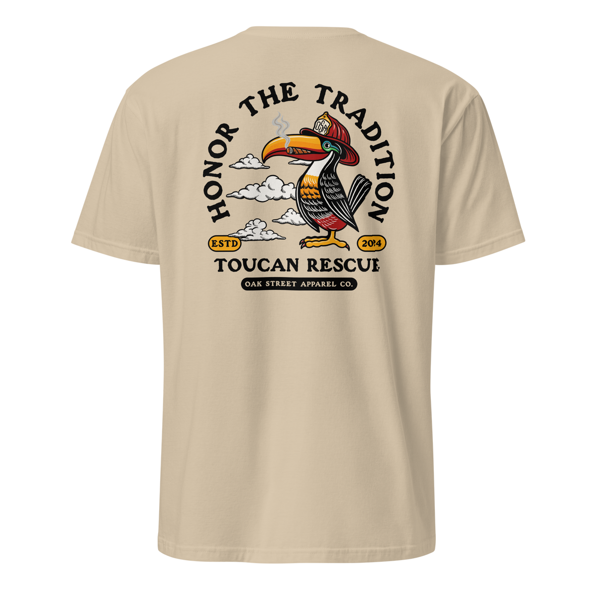 Toucan Rescue firefighter t-shirt featuring a toucan wearing a red fire helmet with Honor the Tradition artwork by Oak Street Apparel Co._sand back