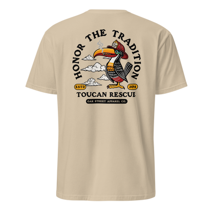 Toucan Rescue firefighter t-shirt featuring a toucan wearing a red fire helmet with Honor the Tradition artwork by Oak Street Apparel Co._sand back