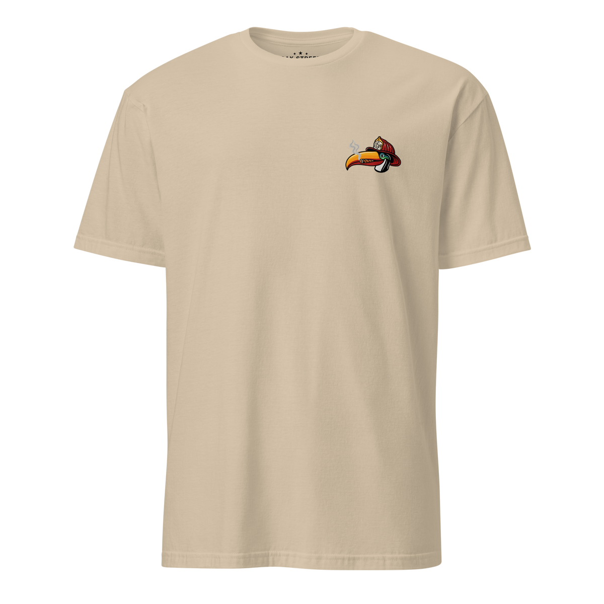 Toucan Rescue firefighter t-shirt featuring a toucan wearing a red fire helmet with Honor the Tradition artwork by Oak Street Apparel Co._sand front