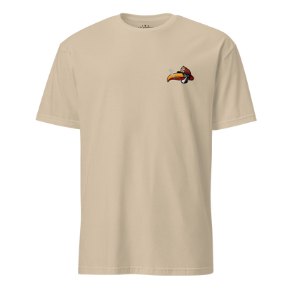 Toucan Rescue firefighter t-shirt featuring a toucan wearing a red fire helmet with Honor the Tradition artwork by Oak Street Apparel Co._sand front