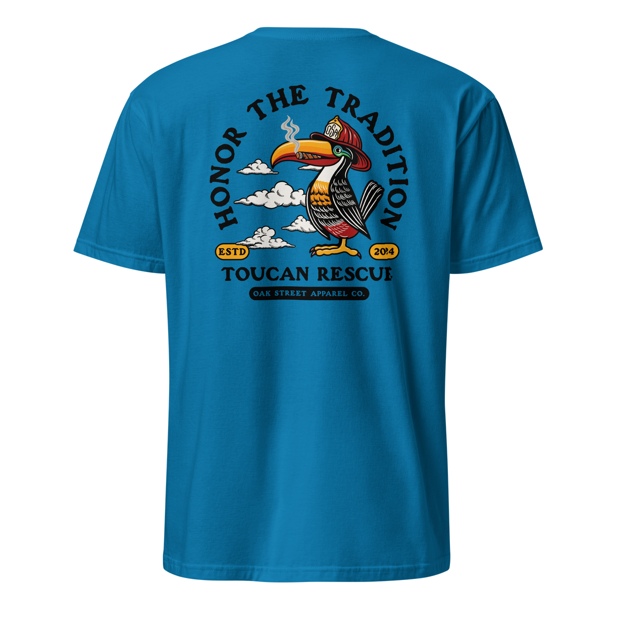 Toucan Rescue firefighter t-shirt featuring a toucan wearing a red fire helmet with Honor the Tradition artwork by Oak Street Apparel Co._saphire back