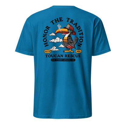 Toucan Rescue firefighter t-shirt featuring a toucan wearing a red fire helmet with Honor the Tradition artwork by Oak Street Apparel Co._saphire back