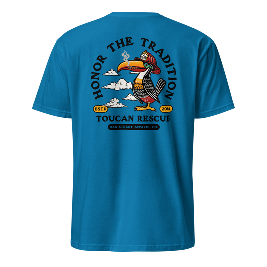 Toucan Rescue firefighter t-shirt featuring a toucan wearing a red fire helmet with Honor the Tradition artwork by Oak Street Apparel Co._saphire back