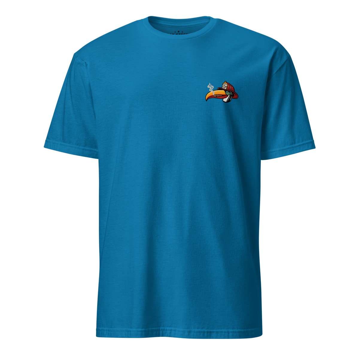 Toucan Rescue firefighter t-shirt featuring a toucan wearing a red fire helmet with Honor the Tradition artwork by Oak Street Apparel Co._saphire front