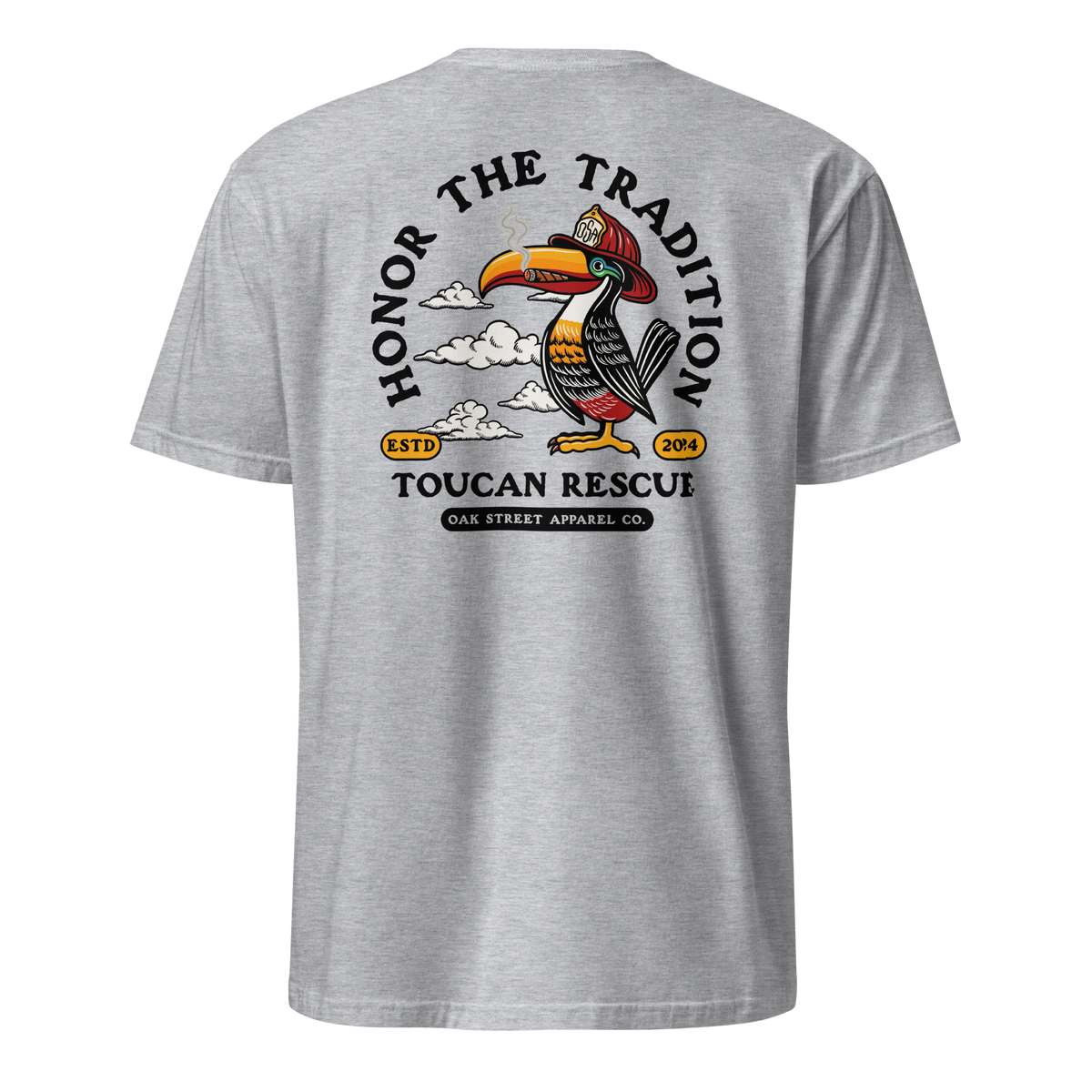 Toucan Rescue firefighter t-shirt featuring a toucan wearing a red fire helmet with Honor the Tradition artwork by Oak Street Apparel Co._sport grey back