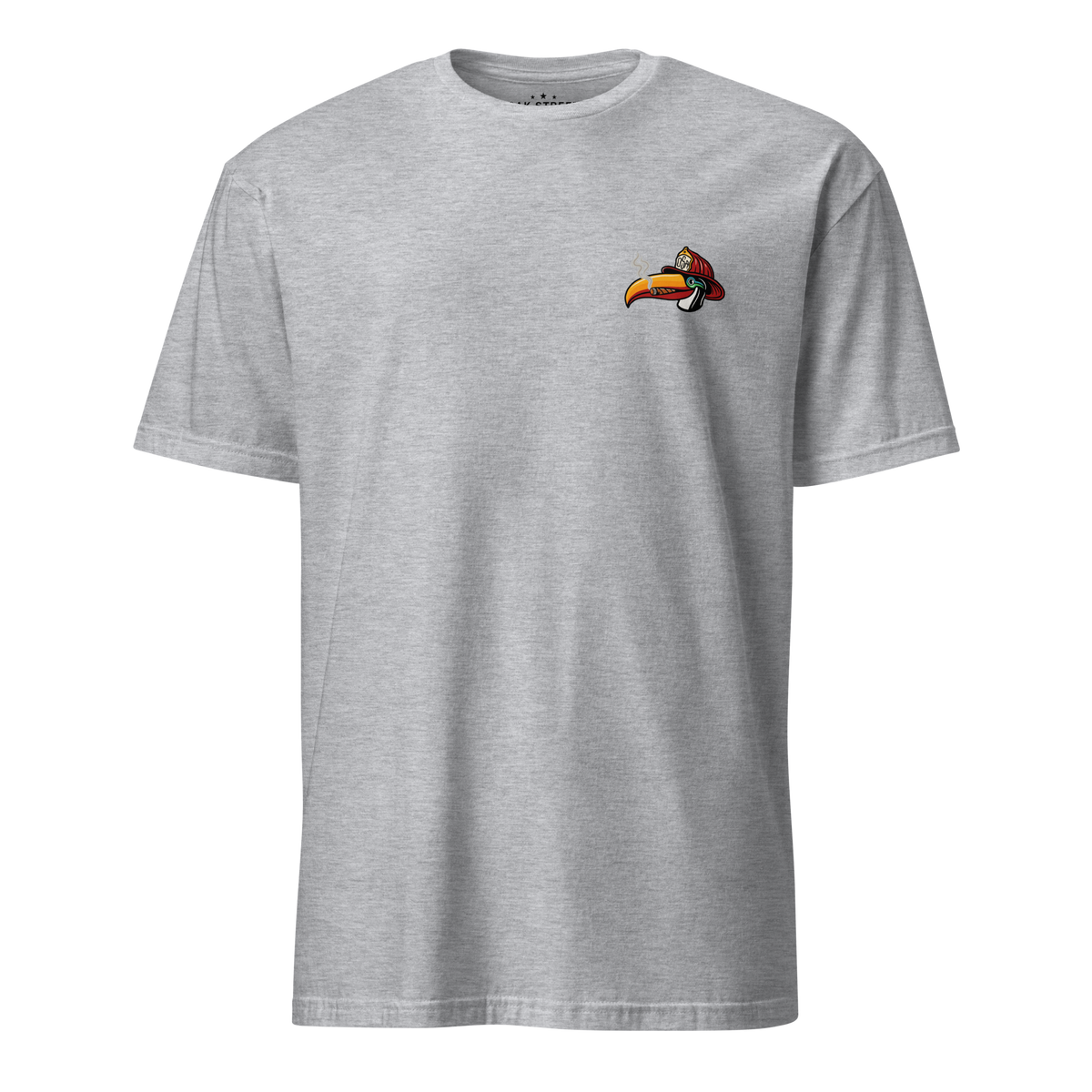 Toucan Rescue firefighter t-shirt featuring a toucan wearing a red fire helmet with Honor the Tradition artwork by Oak Street Apparel Co._sport grey front