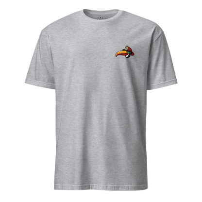 Toucan Rescue firefighter t-shirt featuring a toucan wearing a red fire helmet with Honor the Tradition artwork by Oak Street Apparel Co._sport grey front