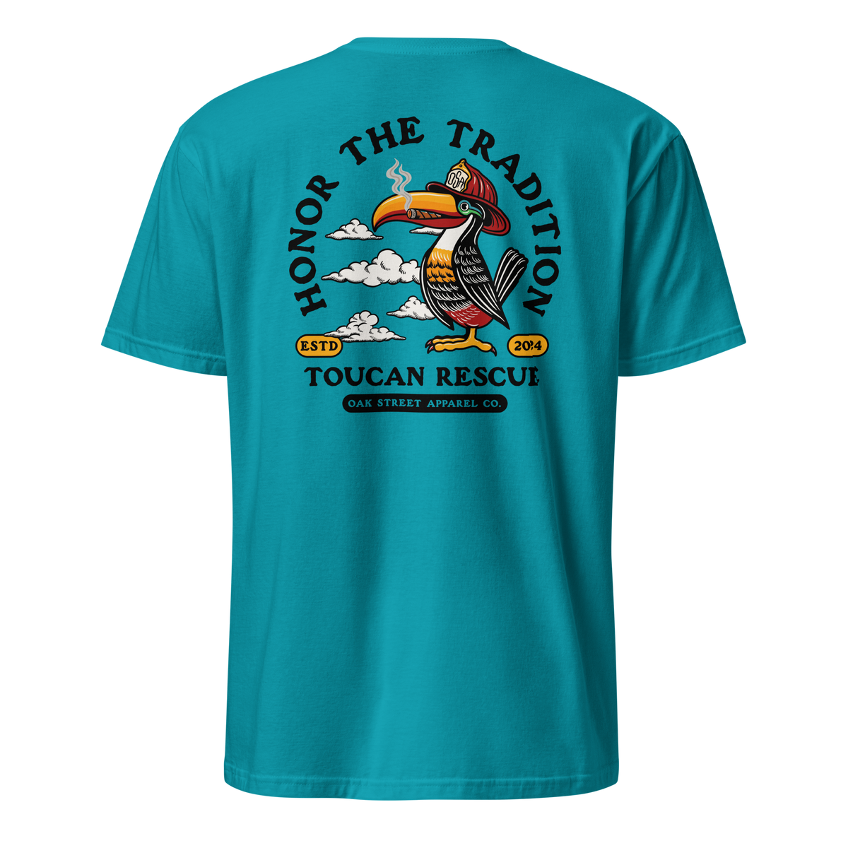 Toucan Rescue firefighter t-shirt featuring a toucan wearing a red fire helmet with Honor the Tradition artwork by Oak Street Apparel Co._tropical blue back