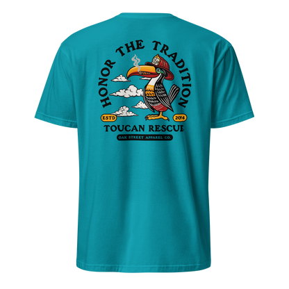 Toucan Rescue firefighter t-shirt featuring a toucan wearing a red fire helmet with Honor the Tradition artwork by Oak Street Apparel Co._tropical blue back