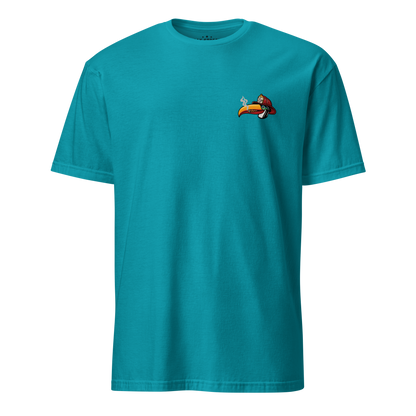 Toucan Rescue firefighter t-shirt featuring a toucan wearing a red fire helmet with Honor the Tradition artwork by Oak Street Apparel Co._tropical blue front